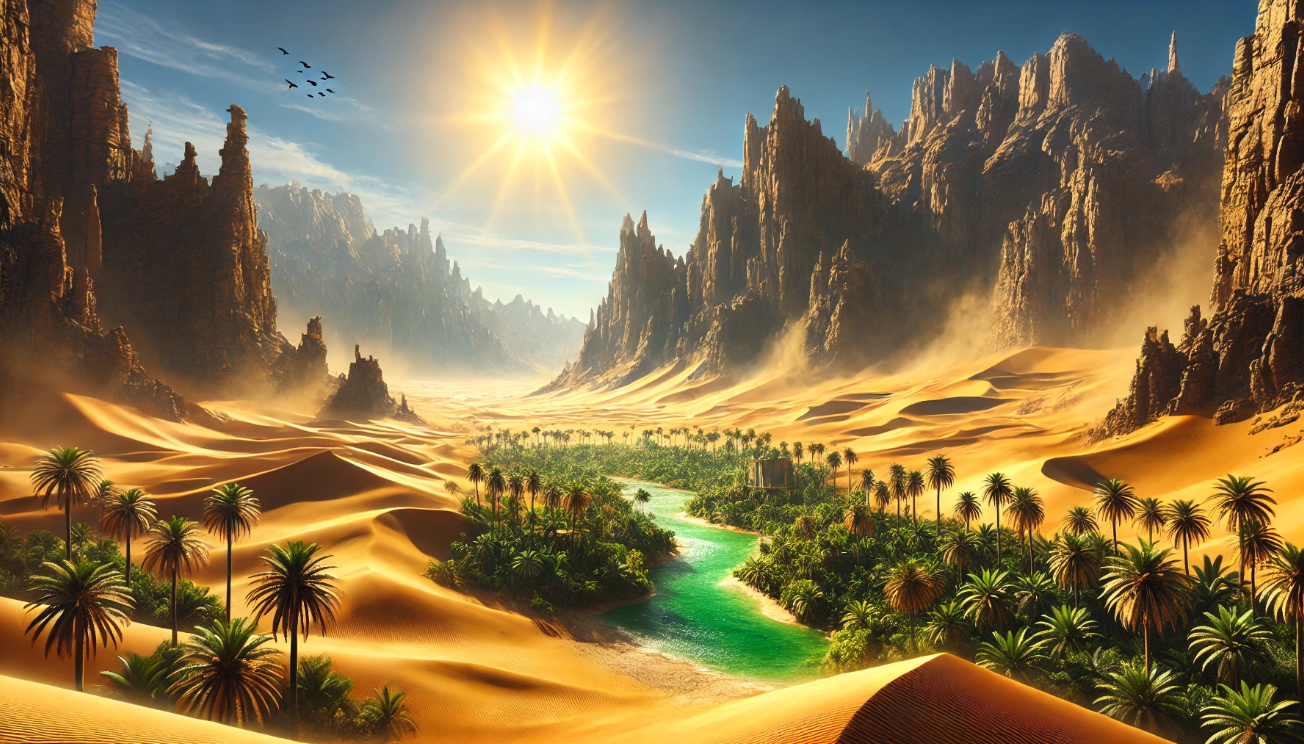 Desert oasis with mountains