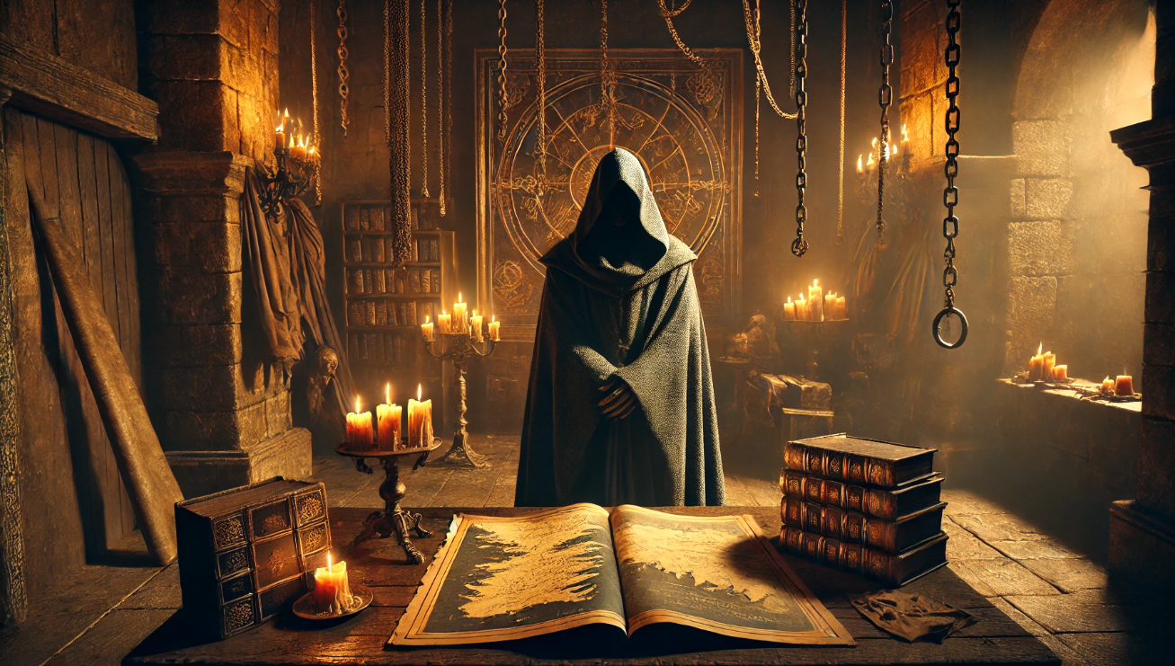 Mysterious hooded figure studying