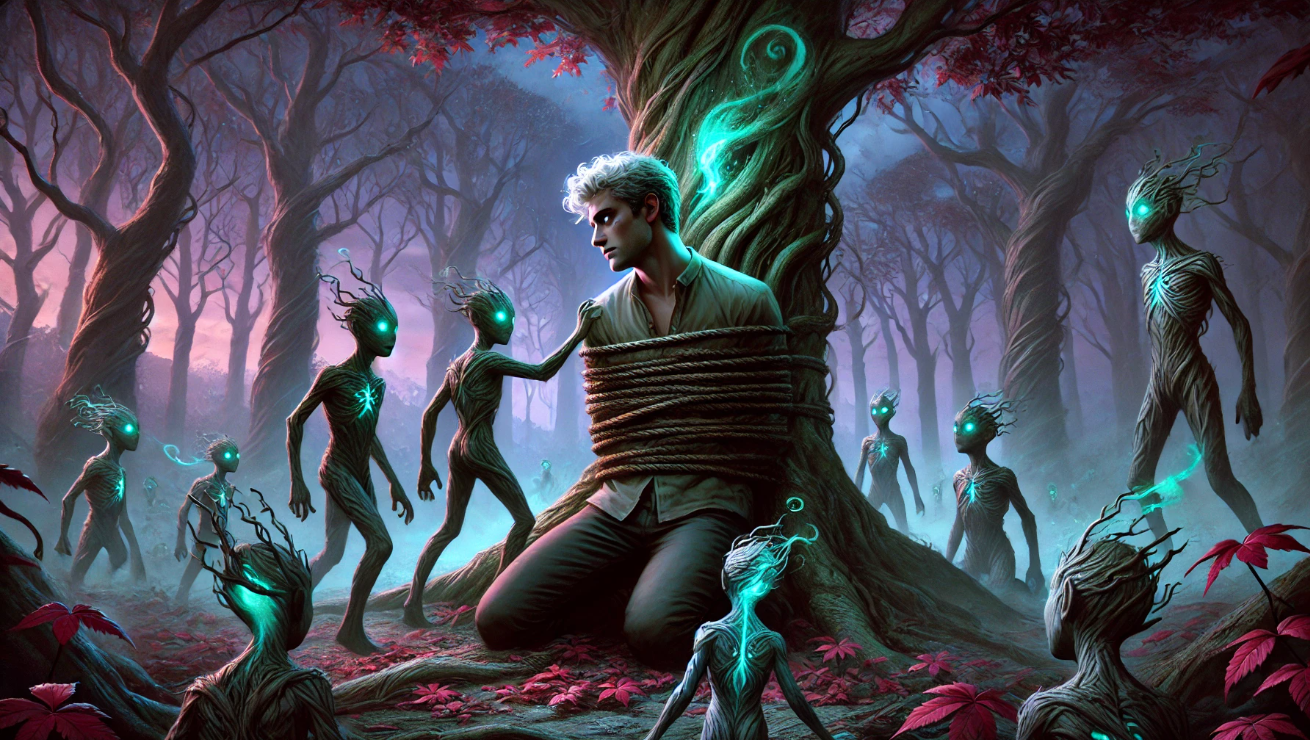 Man tied to tree forest creatures glowing blue ethereal atmosphere