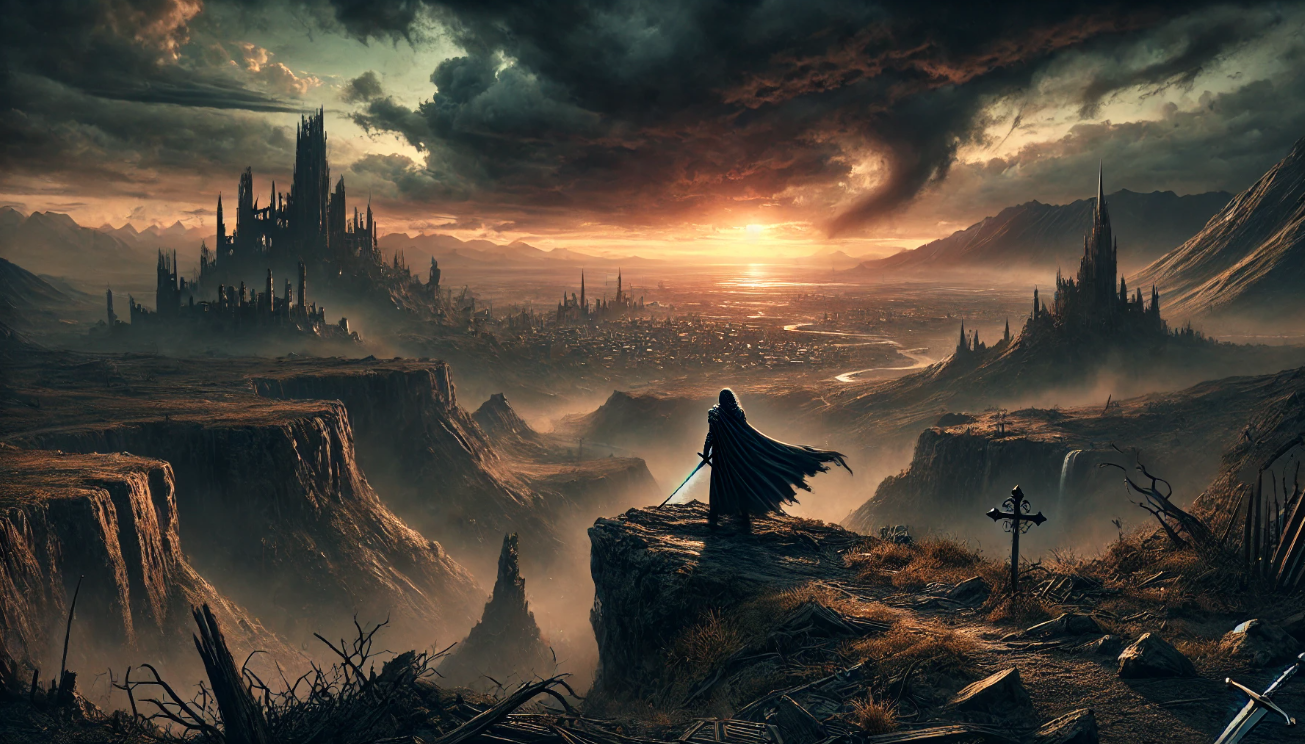 Dark warrior overlooking ruins