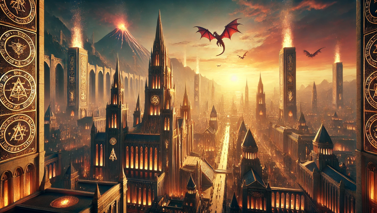 Fantasy city with dragons