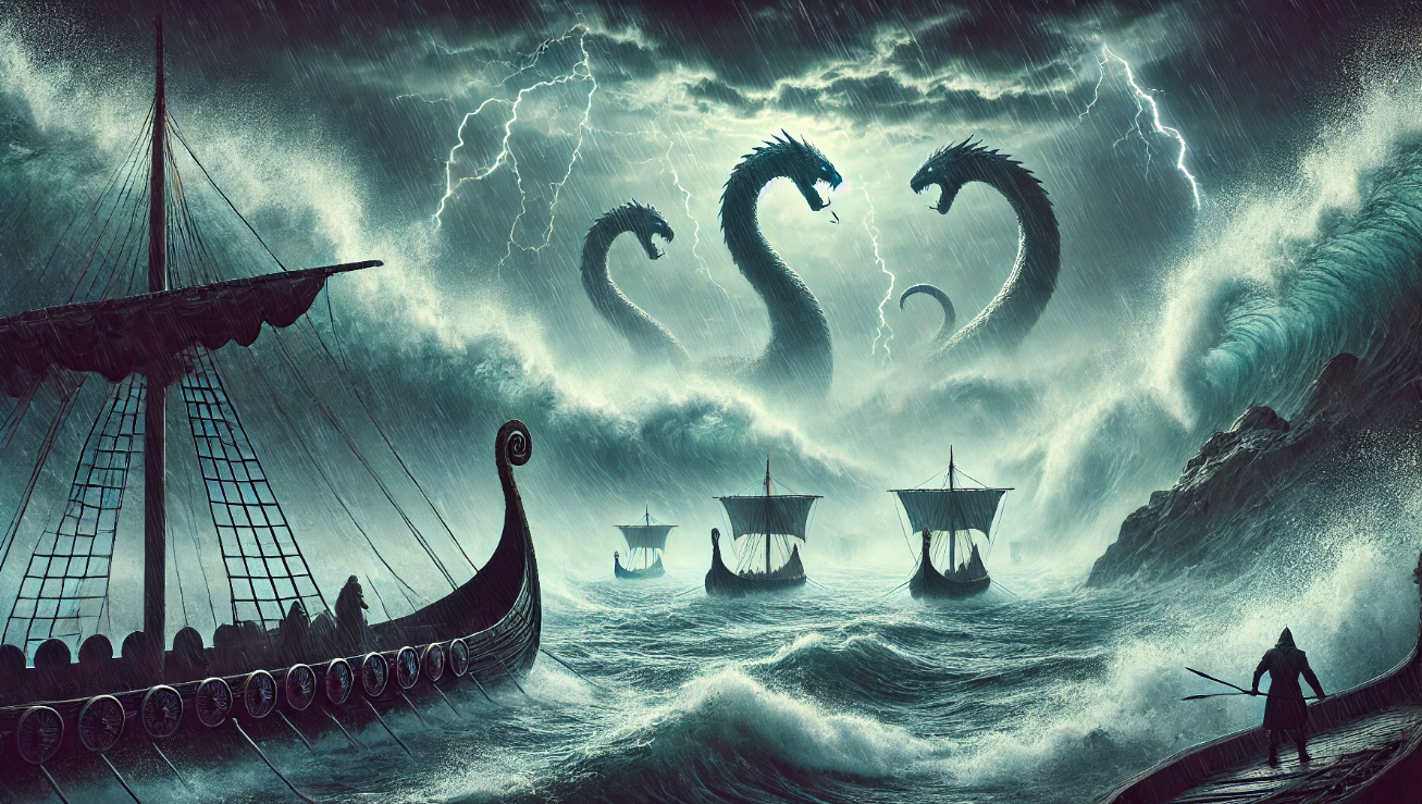 Viking ships stormy sea