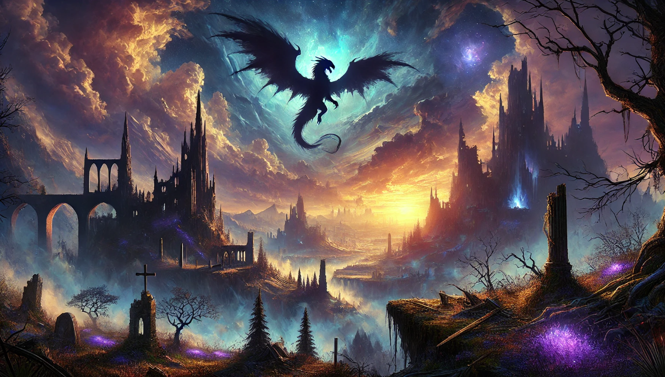 Dragon soaring over gothic ruins