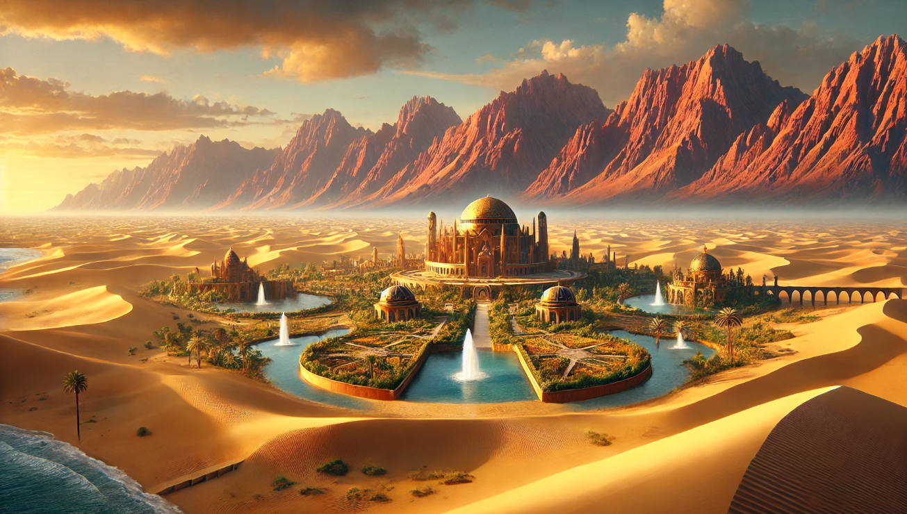 Desert palace oasis mountains