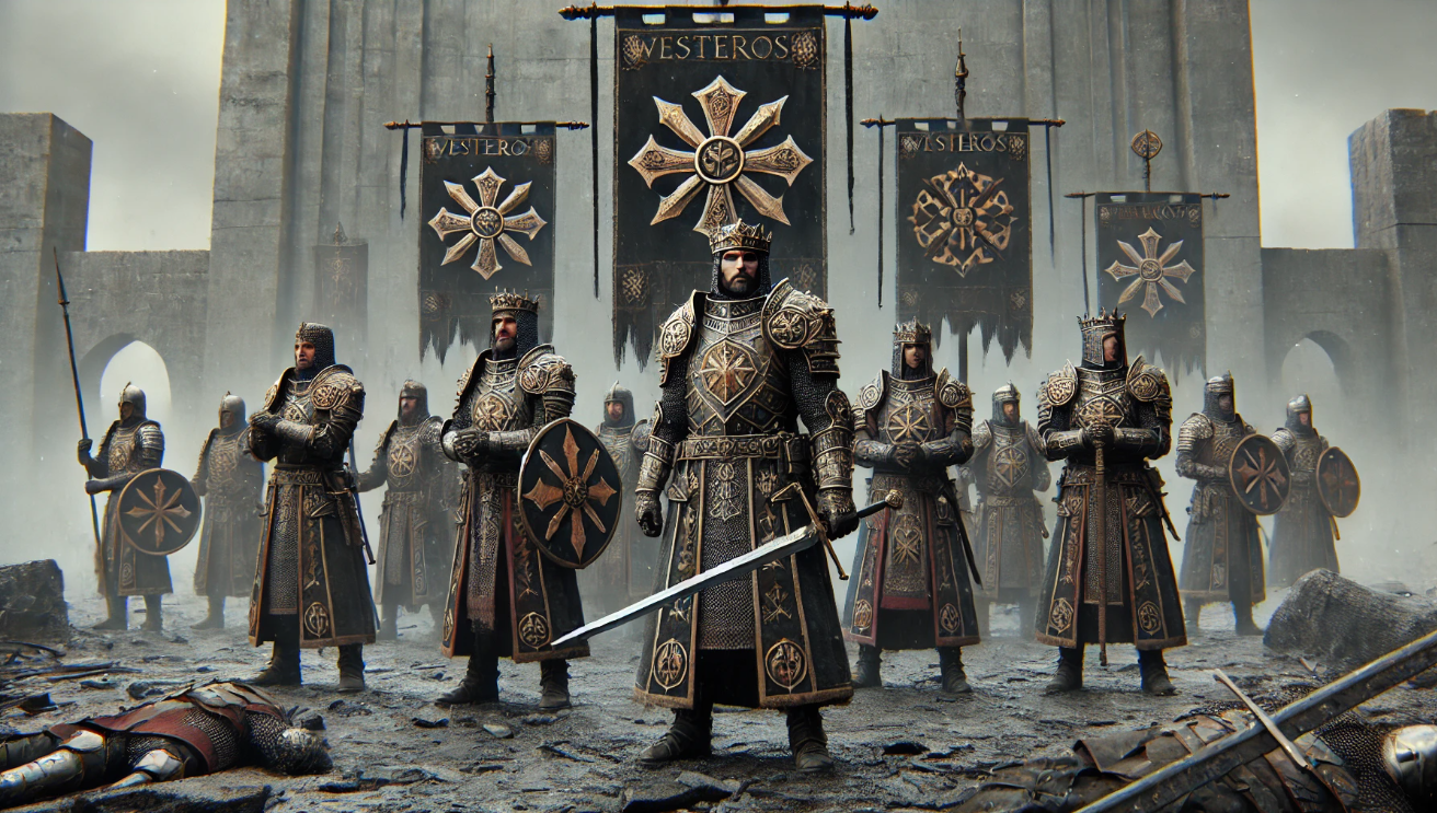 Armored knights before banners