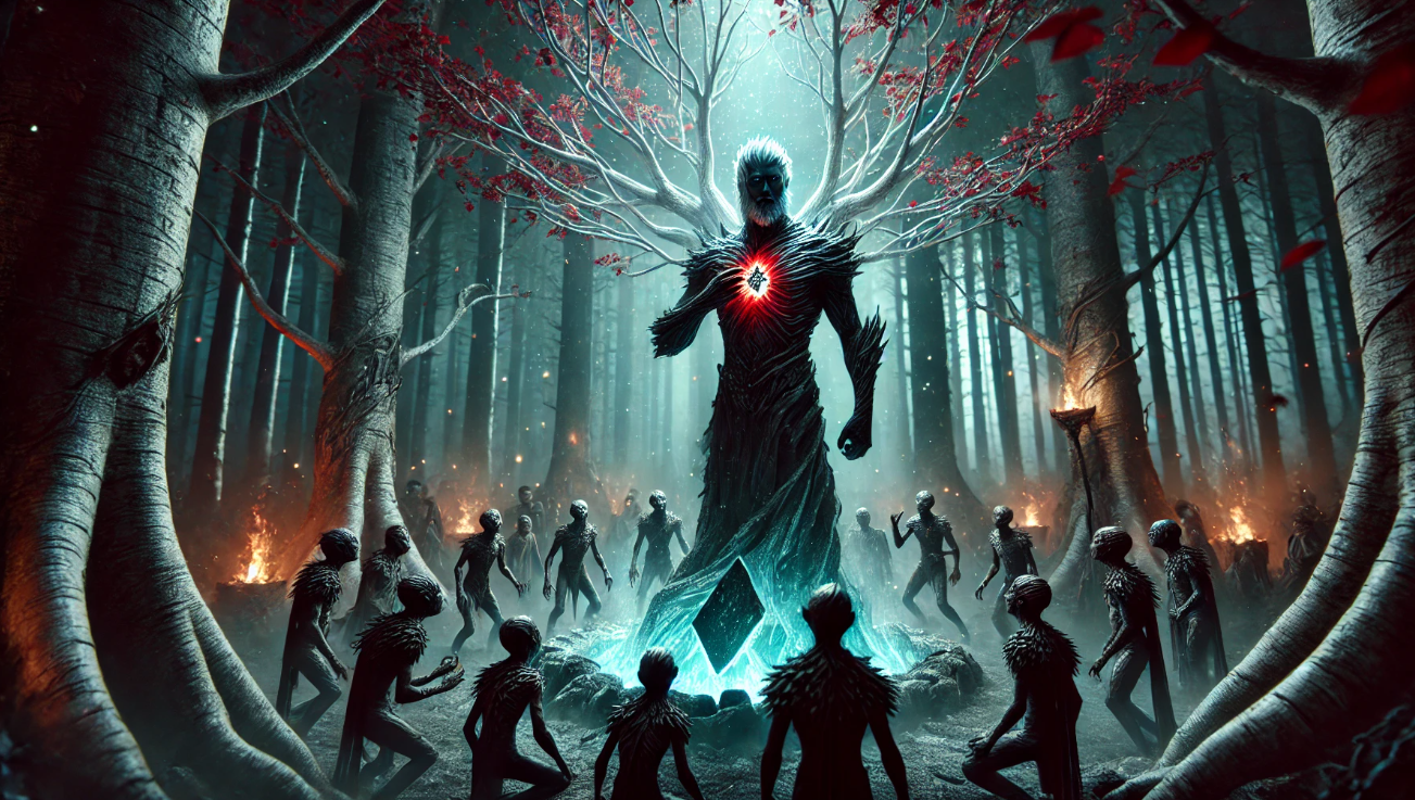 Dark forest ritual scene
