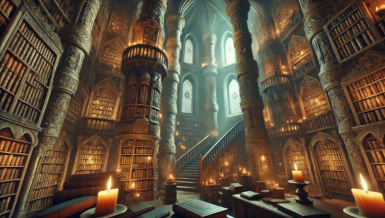Gothic library candlelit bookshelves