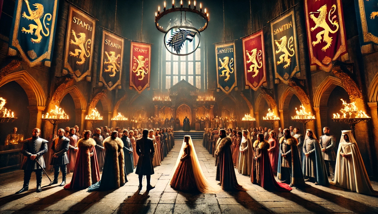 Grand medieval hall gathering