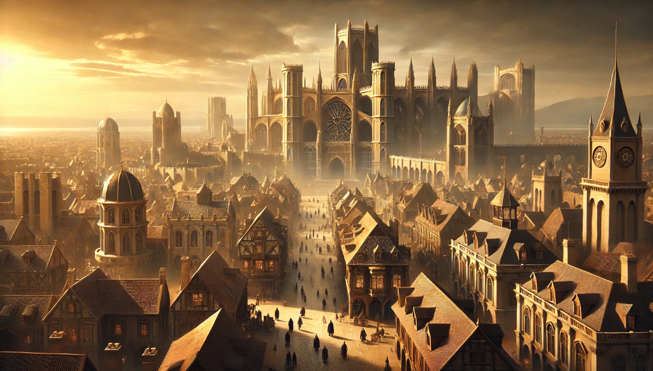Medieval cityscape grand cathedral sunset