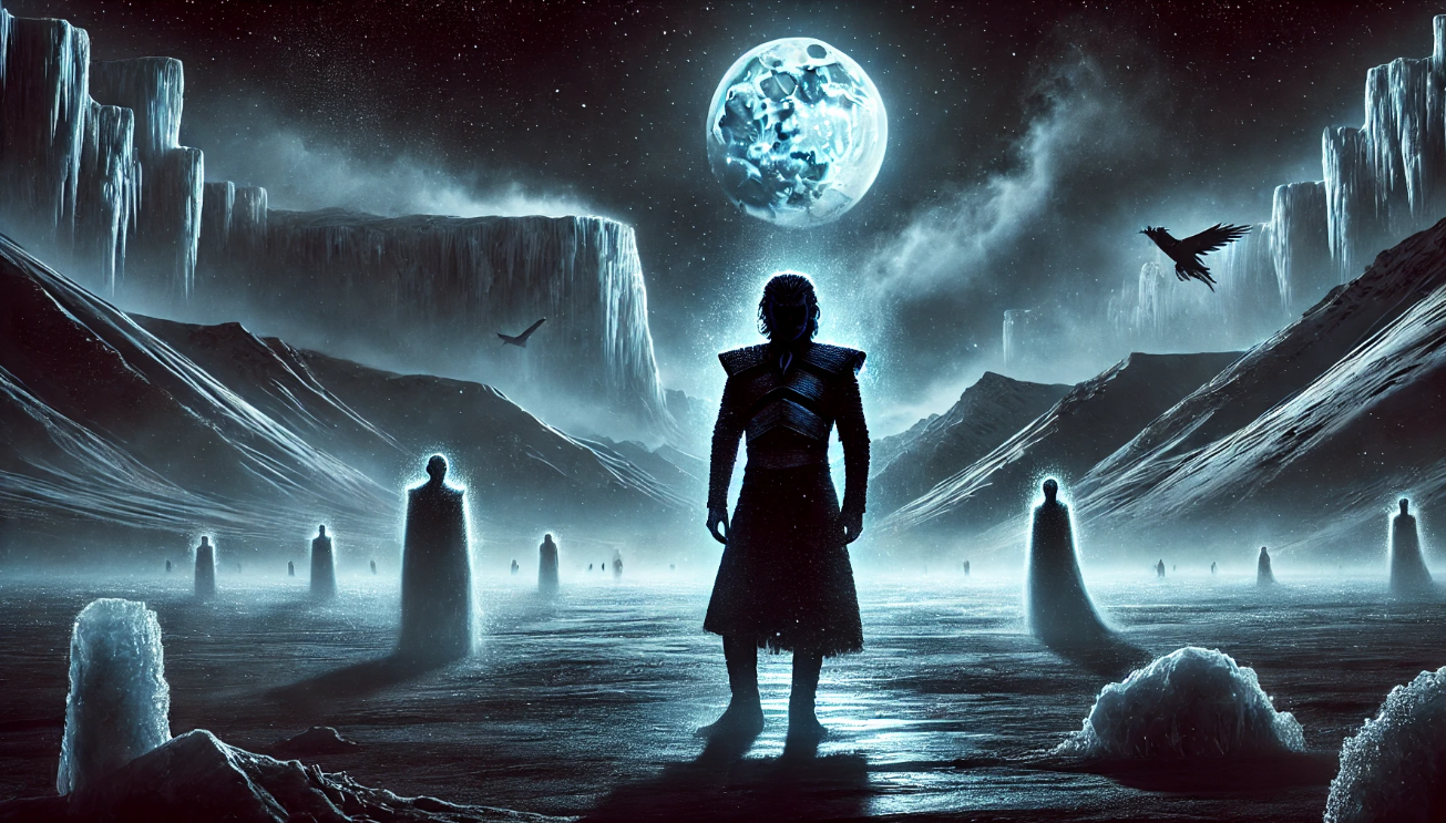 Icy landscape glowing figures moonlit sky ravens flying