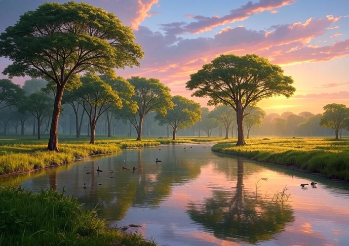 Serene river sunset landscape