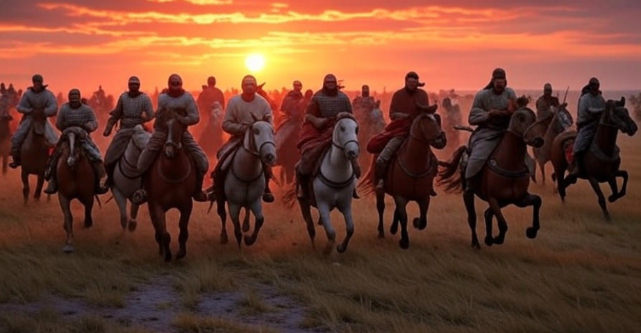 Riders gallop at sunset