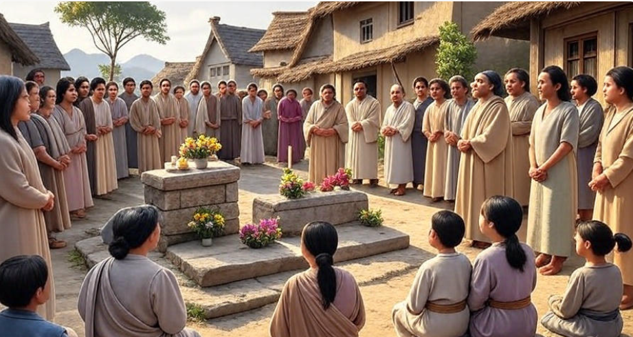 People praying around altar