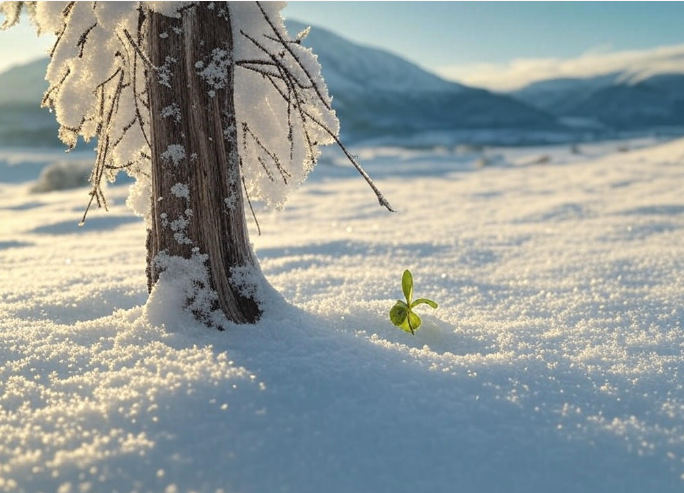 Snowy tree new sprout