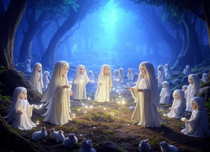 Ethereal children forest ritual glowing lights