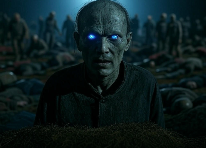 Zombie with glowing blue eyes