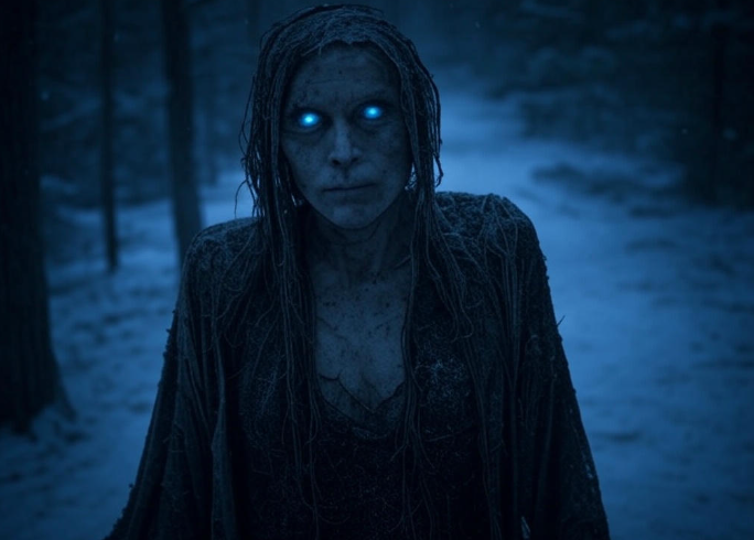 Eerie blue-eyed woman forest