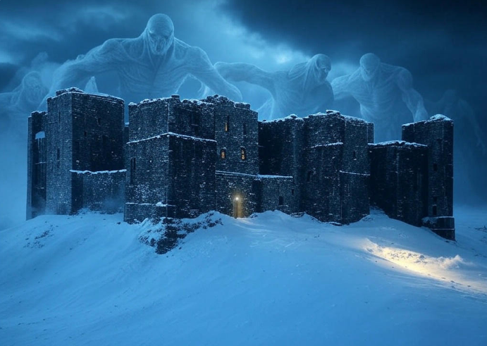 Haunted castle snowy ghostly figures