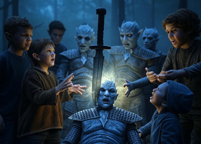 Children surround icy figure