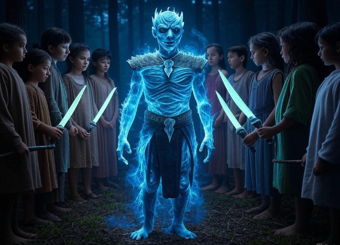Glowing blue figure children forest