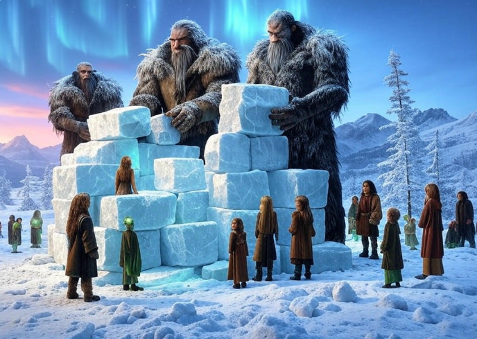 Giants building ice structure children