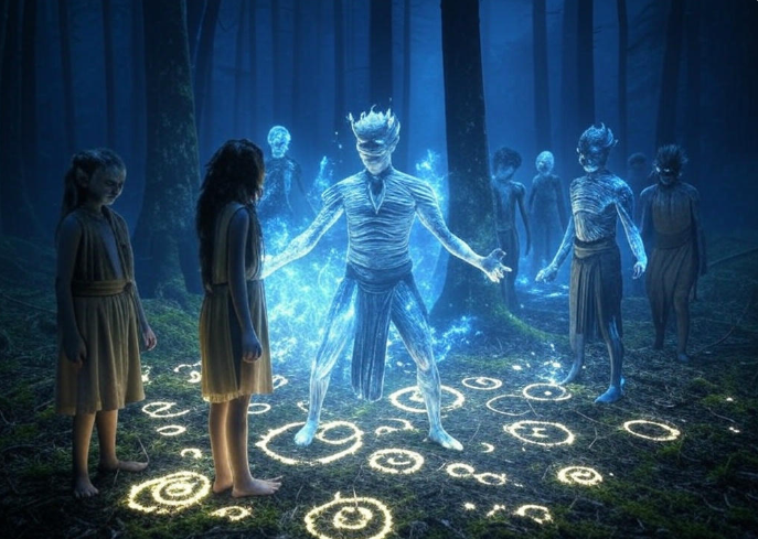 Glowing spirit guiding children forest