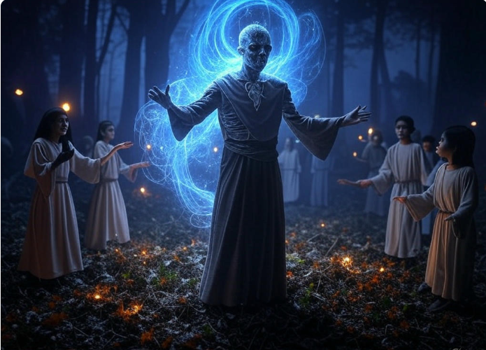 Glowing figure forest ritual