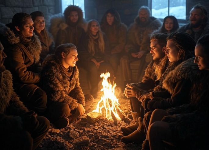 Group around campfire indoors