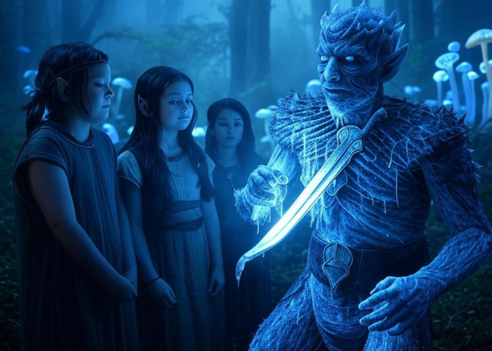 Blue creature threatening children forest