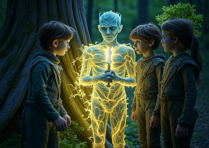 Glowing figure forest children

