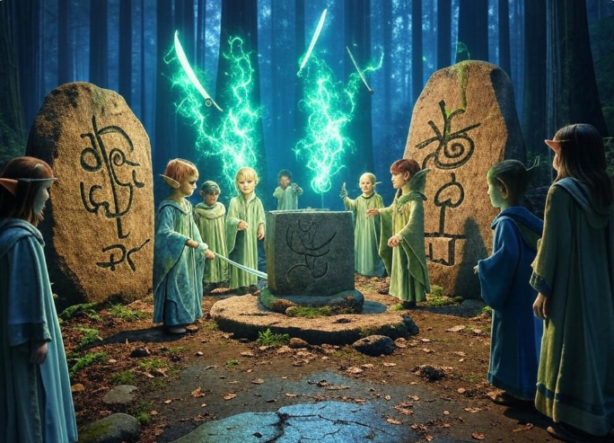Magical forest ceremony scene