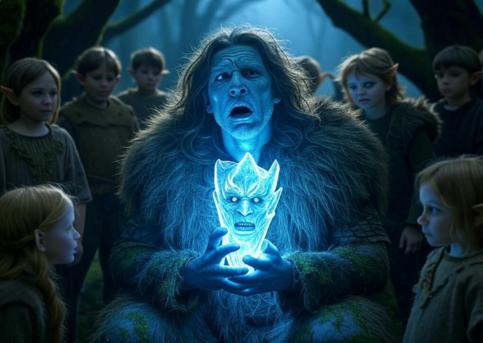 Blue figure holding glowing crystal