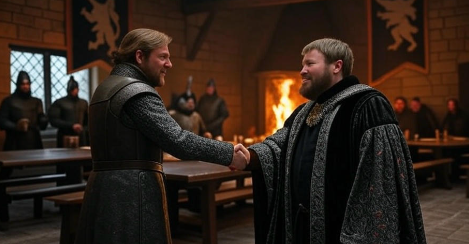 Medieval lords handshake hall