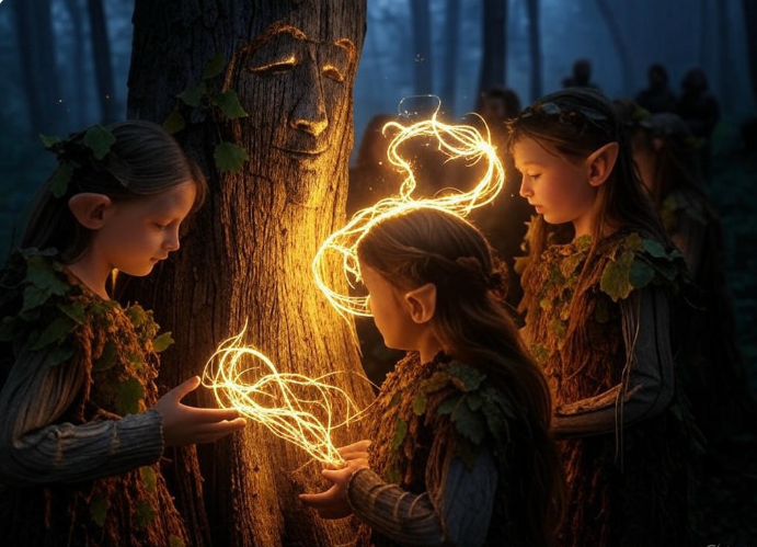 Elves casting magic forest