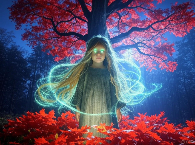 Enchanted girl glowing forest