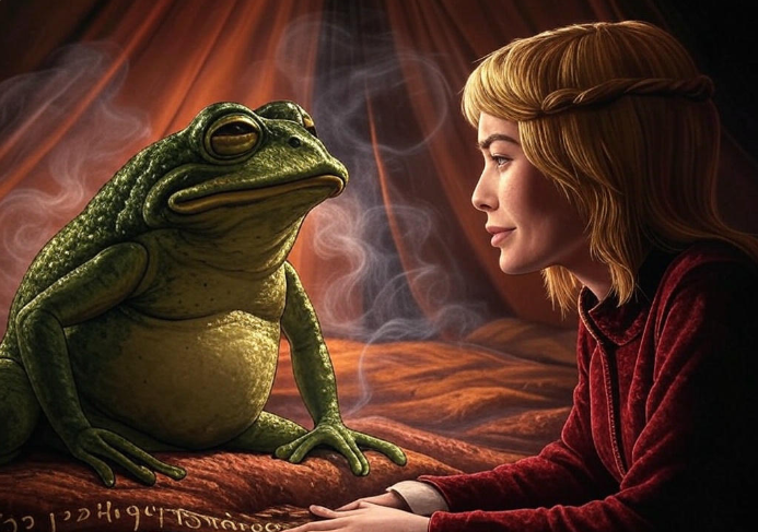 Girl gazing at frog