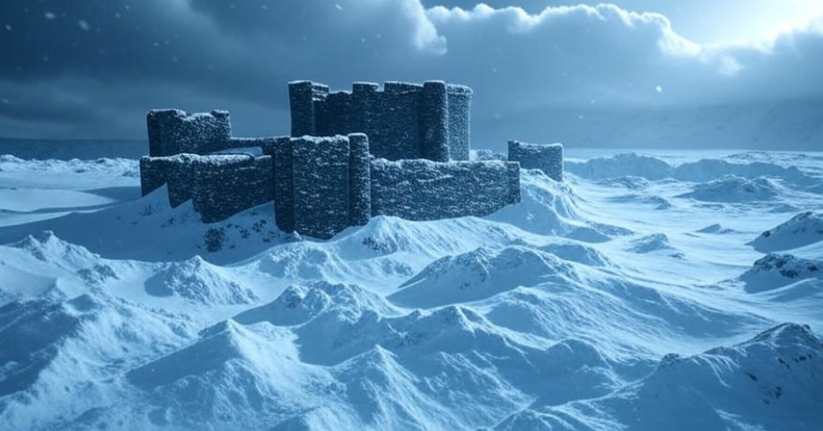 Snowy castle icy landscape storm clouds