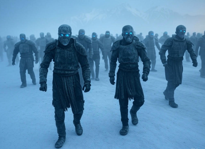 Armored figures with blue eyes in snowy landscape