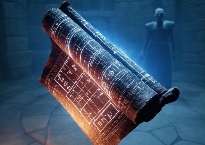 Glowing scroll mysterious figure
