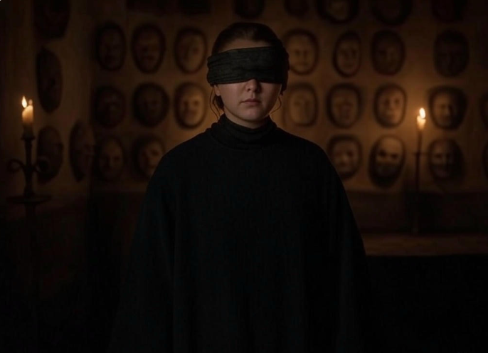 Blindfolded person with portraits