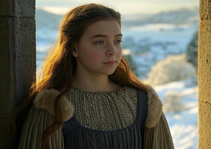 Young girl snowy landscape medieval dress