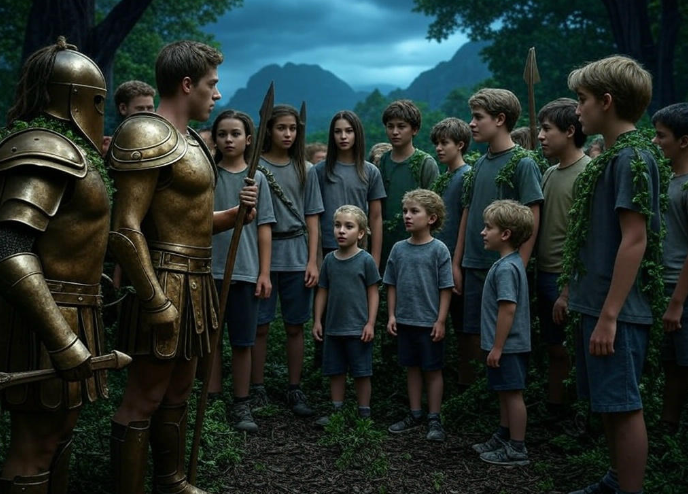 Armored warrior addressing children