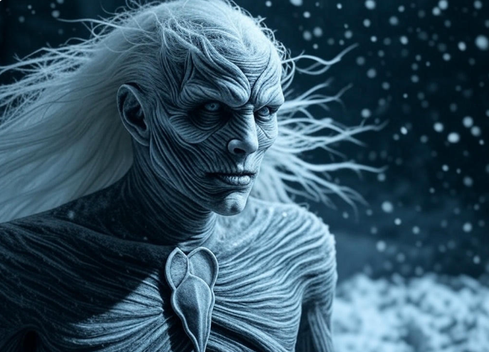 Icy figure in snowstorm