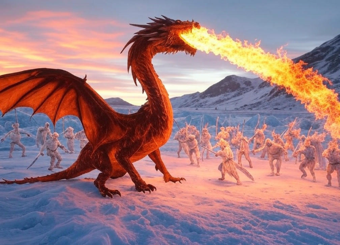 Dragon breathing fire snowscape