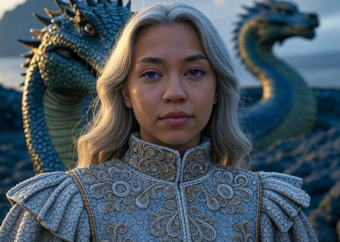 Regal figure with dragons