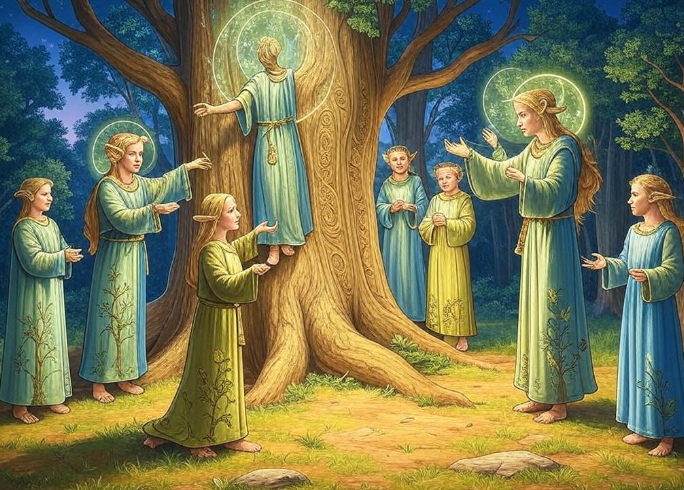 Mystical forest angelic gathering tree ritual