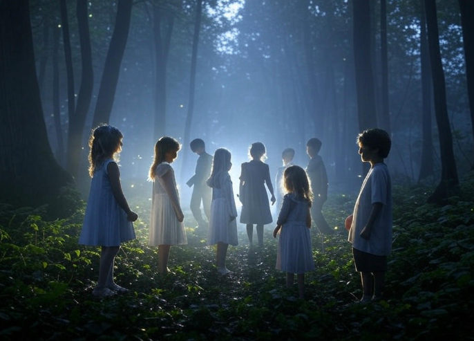 Children in misty forest
