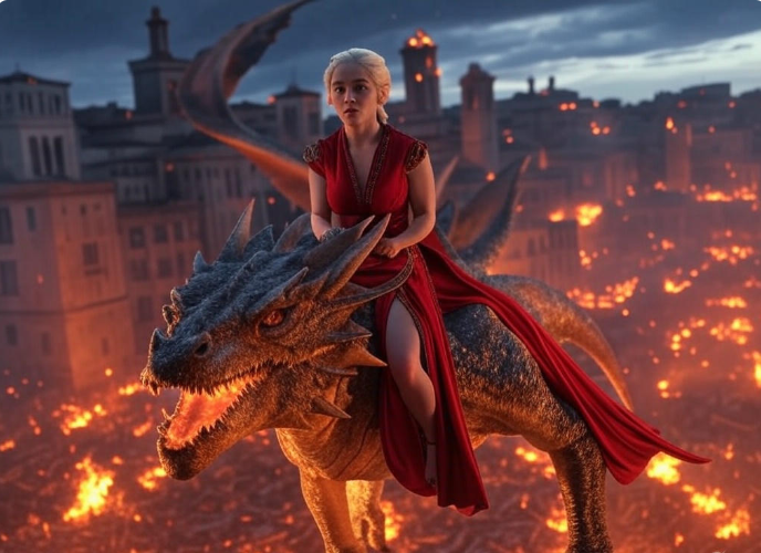 Woman riding dragon city burning