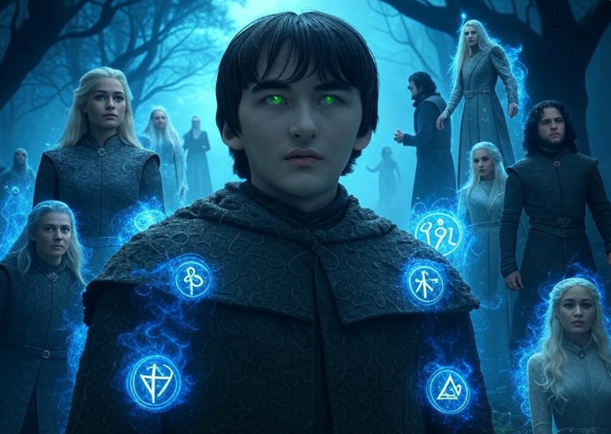 Young mage glowing runes forest figures