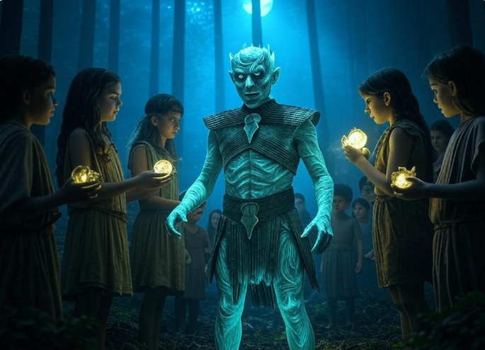 Glowing figure with children